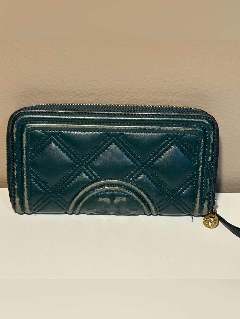 Tory Burch Fleming Soft Zip Around Continental Wallet Green Teal Quilted